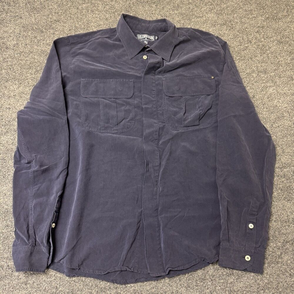 Vilebrequin 100% Silk Shirt Mens XL Blue Long Sleeve Button Front Casual Italy